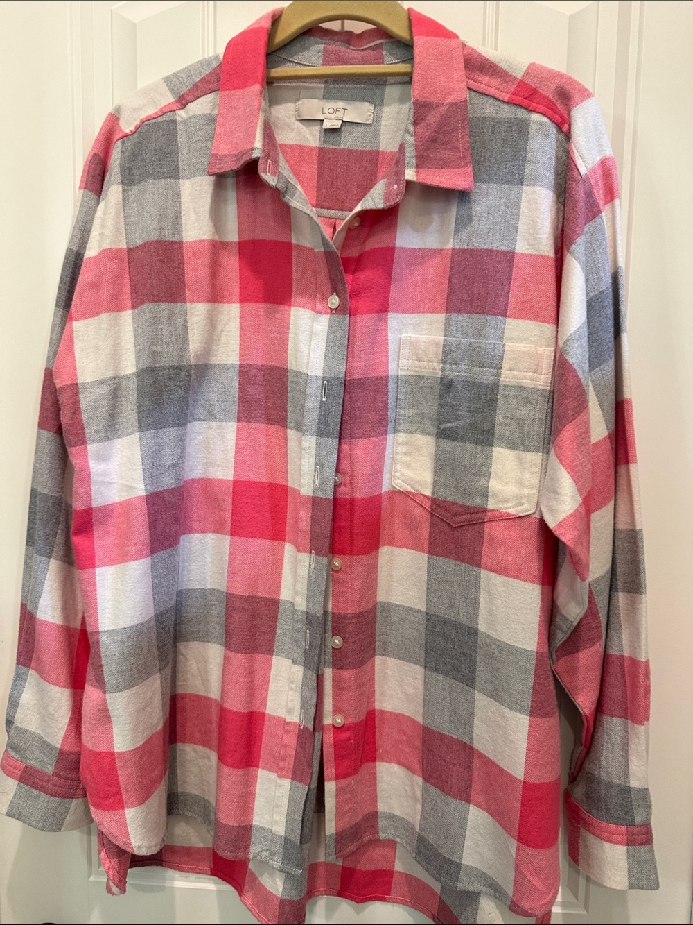 LOFT Pink and Gray Plaid Button-Down Shirt